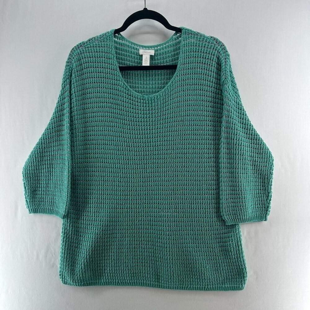 Chicos Metallic Open Knit Sweater Women 3 Shimmer 3/4 Sleeve Pullover Teal Green